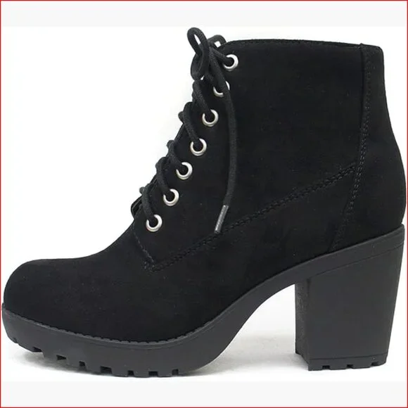 Lug Sole Chunky Heel Combat Ankle Bootie Lace Up with Side Zipper - Picture 1 of 6